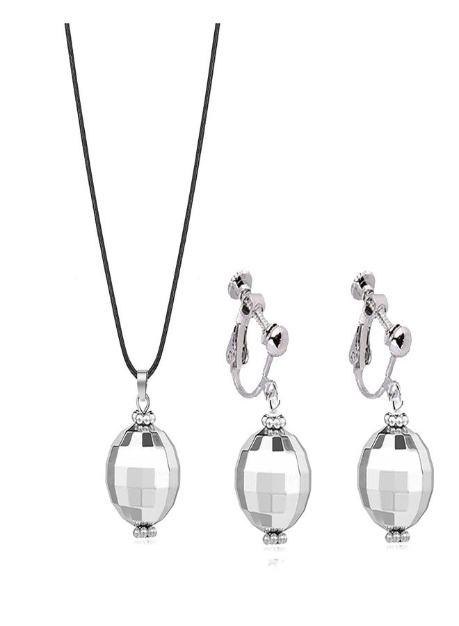 Modpide Silver Disco Ball Clip on Earrings Necklace Jewelry Set 70's Halloween Earrings Women's Costume Accessories (A:2cm ball-short) - Image 1